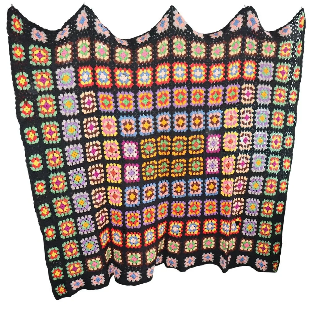 Vintage Granny‎ Square Crochet Blanket 60x50 Black Multicolor